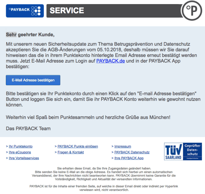 Payback E-Mail - !!PAYBACK SICHERHEITSUPDATE!! - ist Phishing