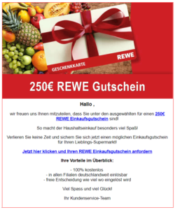 Vorsicht: E-Mail mit 250 / 500 Euro Rewe-Gutschein ist ein Gewinnspiel