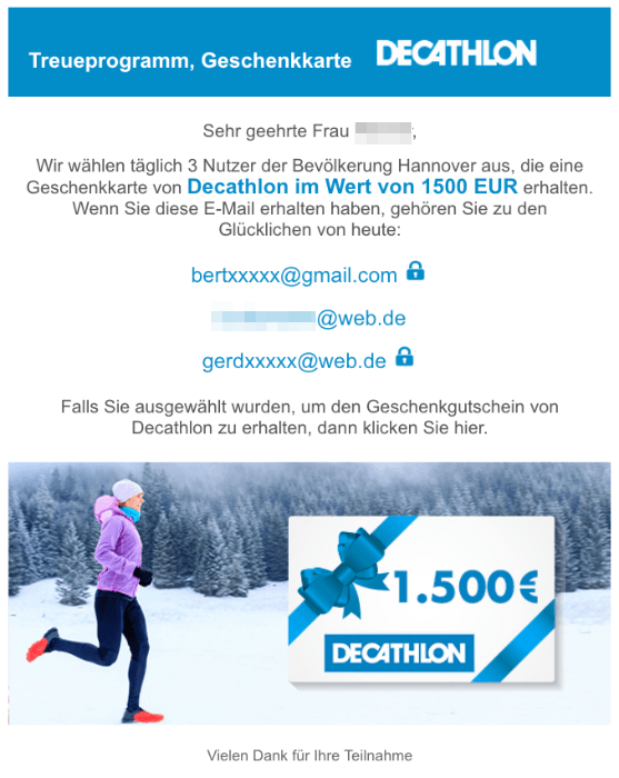 Decathlon: 1500 EUR Geschenkkarte per E 