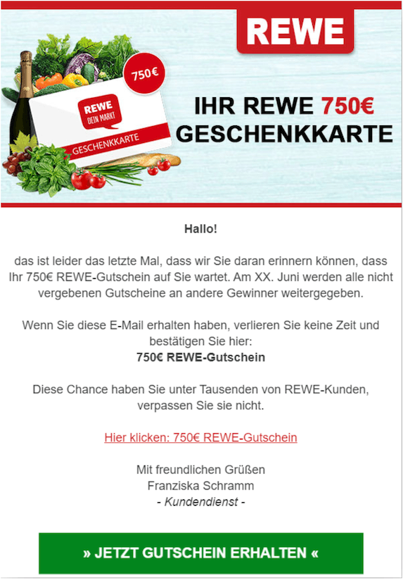 Vorsicht EMail mit 250 / 500 Euro ReweGutschein ist ein Gewinnspiel